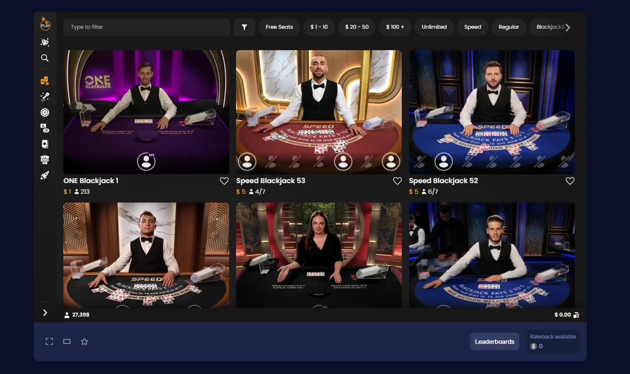Live blackjack tables in the Duel lobby