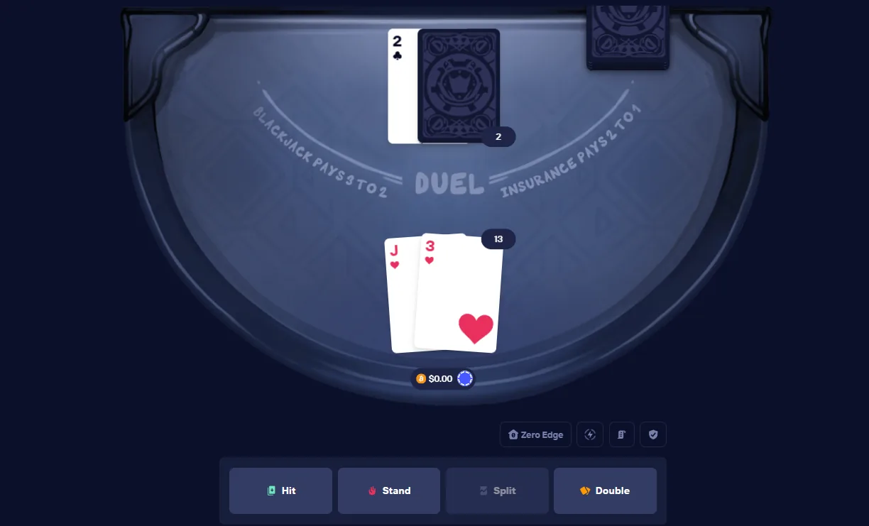 Duel Original Blackjack interface with action buttons