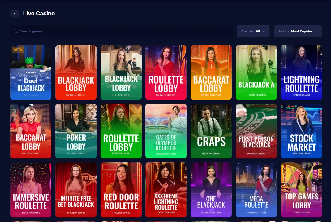 Duel Live Casino lobby with blackjack, roulette and baccarat tables