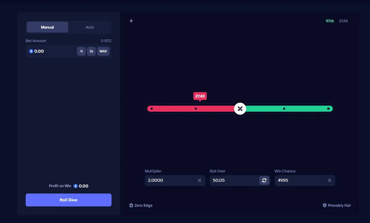 Duel Dice roll bar with multiplier and win chance