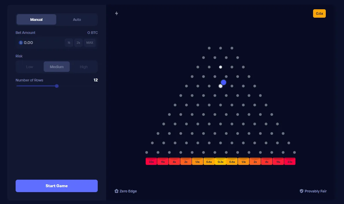 Duel Plinko board with 12 rows and medium risk